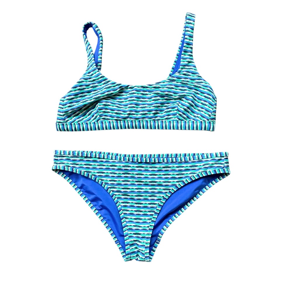 Athleta Bikini Swimsuit Set Womens Size S Blue Green Wavy Geometric Excellent